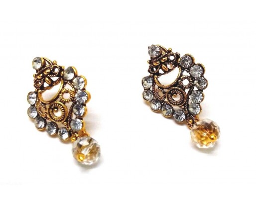 Golden Oxidized Earring Jhumka Jhumki - Push Back - Drop Dangle - I White Stone